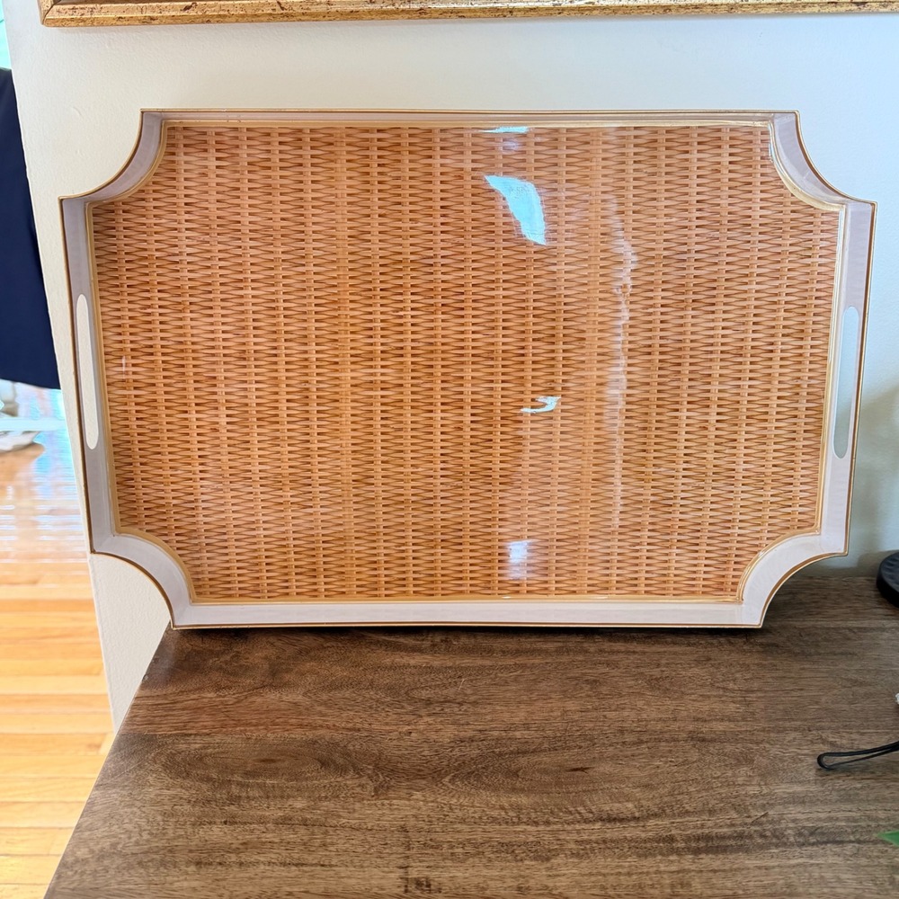 Jayes Studio WH Hostess Serving Tray Large White Tan Faux Rattan Gold Trim 18.5"